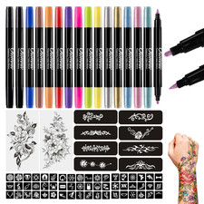 15PCS Dual-End Temporary Tattoo Markers with 62 Stencils, Skin Safe Pens