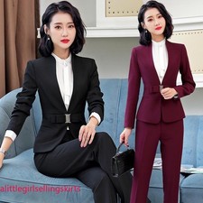 Lady Office Work Formal Business Suits Blazer Set Career Uniform Slim Fit Plain