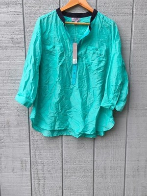 NWT JCP Silk Cotton Popover Blouse sz 1X Aqua Blue Coastal Grandma Natural Lux