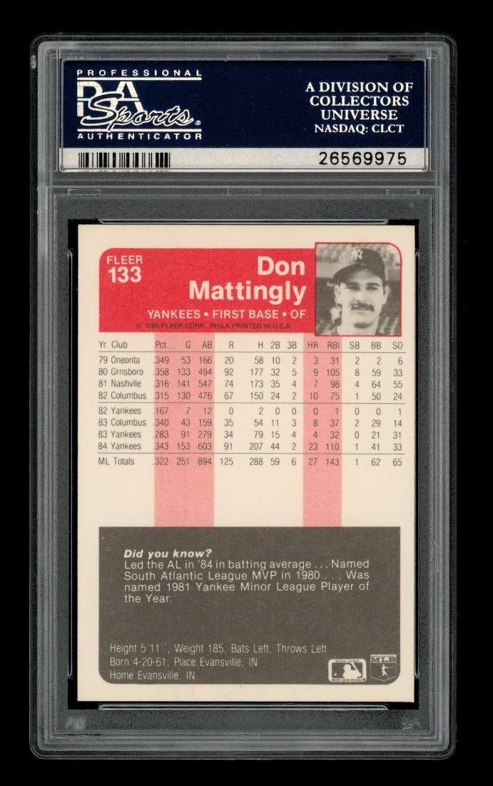 1985 Fleer Set-Break #133 Don Mattingly PSA 10 GEM MINT view 2
