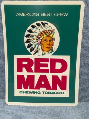 VTG ORIGINAL RED MAN CHEWING TOBACCO VINYL PLASTIC ADVERTISING SIGN 16 X 12