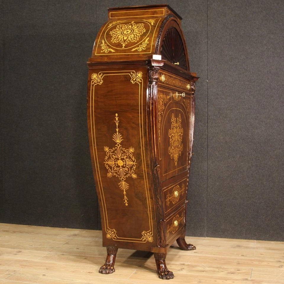 Secrétaire a botte intarsiato mobile stile Biedermeier scrittoio XX secolo - Immagine 4 di 4