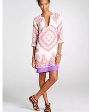 💜💜NWOT J. Crew Cream & Lavender Bazaar Scroll Print 3/4 Sleeve Linen Dress...