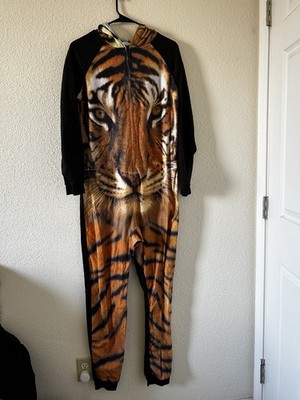 Secret Treasures Tiger Face Hooded One-Piece Pajama Women s M Orange & Black