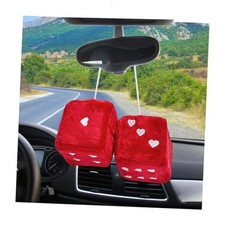 2 PCS Fuzzy Plush Dice for Car Mirror, 3" Soft Retro Square Heart-Shape Red