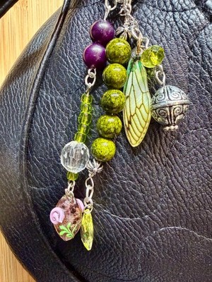 Handmade bag charm keychain with upcycled beads green garden moth wing flower
