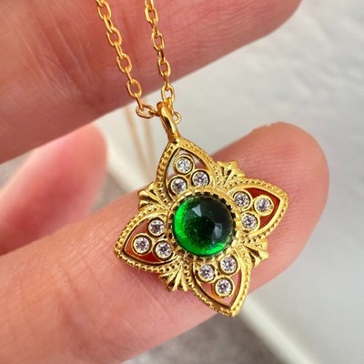 925 Sterling Silber Halskette 4 mm natürlicher Smaragd Zirkon Blume Handarbeit Kette