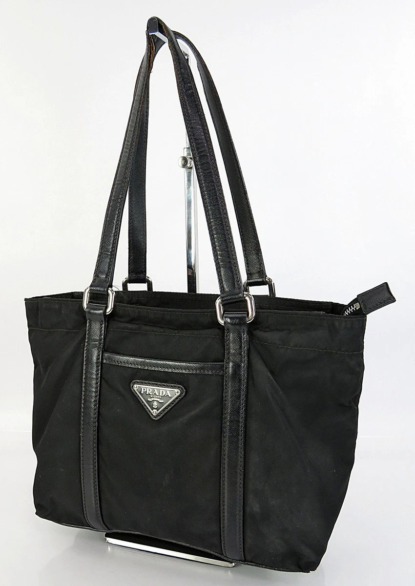 Authentic PRADA Black Nylon and Leather Tote Hand Bag Purse #64743