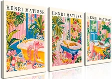 Framed Funny Bathroom Wall Art Set of 3, Pink Henri Matisse Wall Decor Painti...