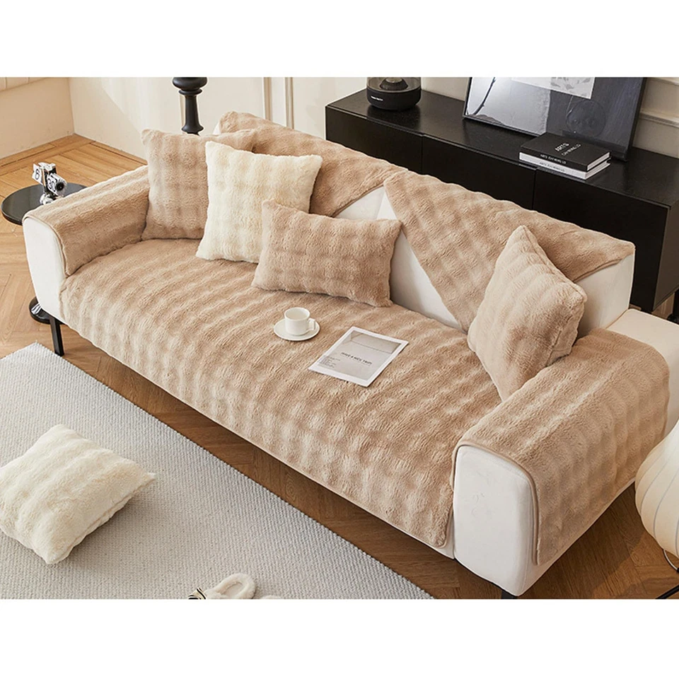 Fundas de sofá gruesas de felpa sintética de piel de conejo 1 pieza antideslizantes cálidas suaves acogedoras C... Foto 2 de 4