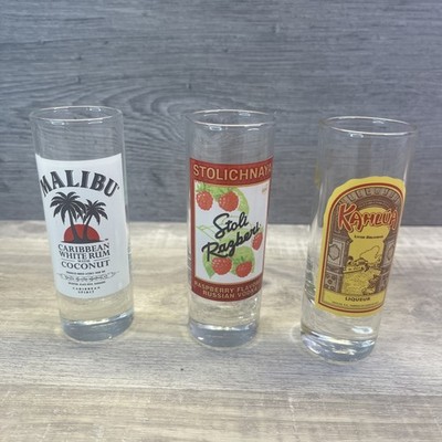 Liquor Shot Glasses Malibu Rum Kahlua Stoli Razberi Stolichnaya Vodka Lot of 3