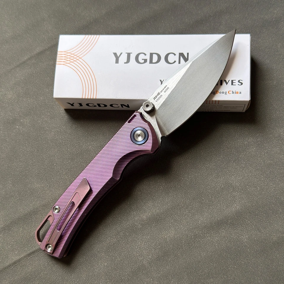 YJGDCN RIHE Design Folding Knife M390 Blade Button lock Titanium Handle YJ2526 - Image 2 of 4
