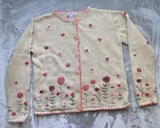 VTG The Eagles Eye Cardigan Sweater Women’s S Beige Pink Flowers Embroidered GMA