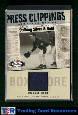 2003 Fleer Box Score #TH3-PC Todd Helton Press Clippings Game-Worn