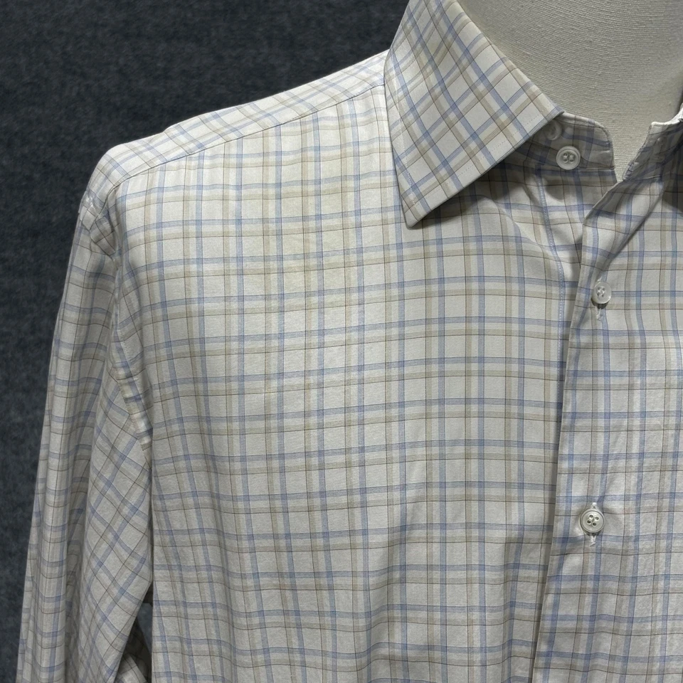 Brioni Dress Shirt Mens 17 Large White Blue Tan Plaid Button Front Made in Italy - Image 2 of 4