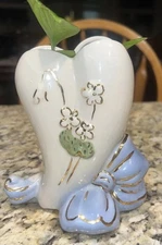 Vintage vase American Bisque Heart Blue Bow & Flowers Gold Accents