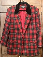 Splendido blazer XL vintage donna Sag Harbor rosso a quadri bordo velluto caccia alla volpe