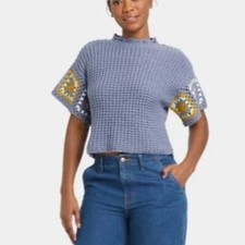 Universal Thread Women's Small Crochet Short Sleeve Cropped Sweater Lilac NWOT