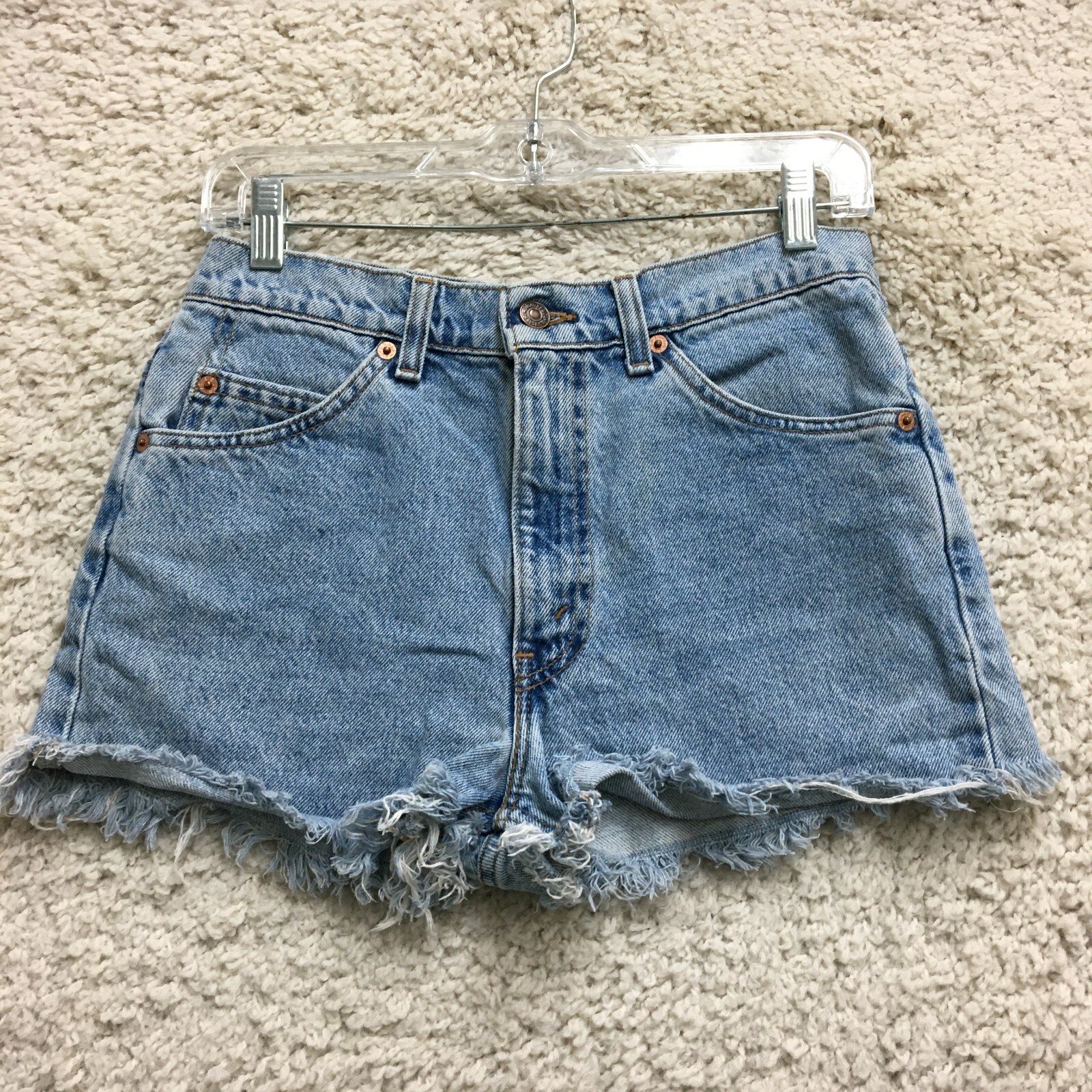 Levis 517 Shorts 30 Womens Blue Denim Cut Off Casual Jeans Frayed Hem Orange Tab