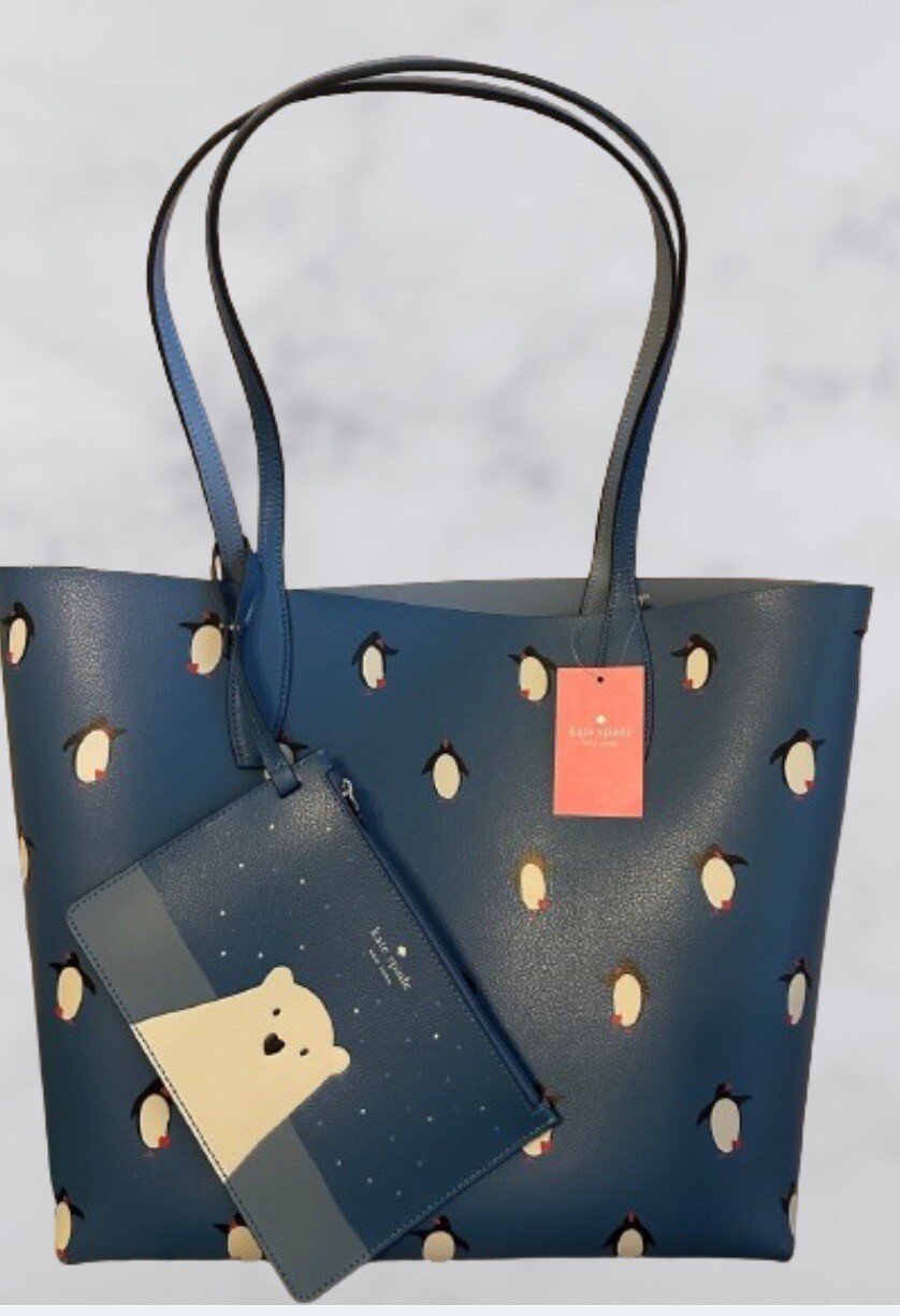Kate Spade Arctic Friends Reversible Tote & Pouch/Penguins Polar Bear