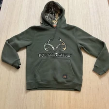 Realtree Hoodie Mens Large Green W/Camo Hood Antler Fleece  Pullover Sweatshirt