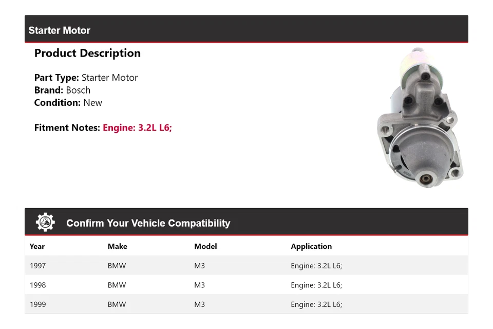 For 1997-1999 BMW M3 3.2L L6 Bosch Starter (New) 1998 - Image 2 of 4