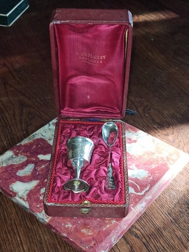 Antique Sterling Silver Egg Cup & Spoon Hallmarked Art Nouveau 30.9g France
