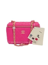NWT Authentic Chanel Fuchsia Pink Leather Vanity Case Handbag with Jeweled Chain