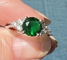 Silver Toned Ring with Round Green Stone Small Clear Rhinestones Size 6