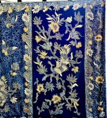 Vintage Indonesian Wax Resist Batik Fabric Sarong Blue &White Flora &Fauna As Is