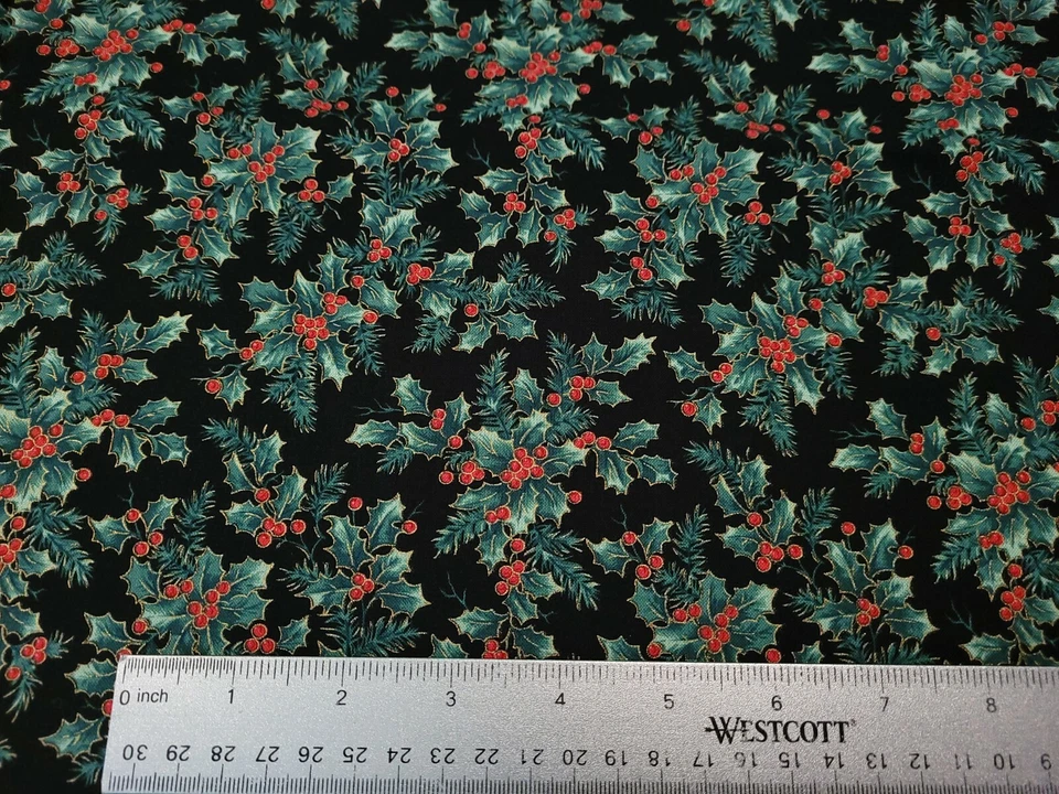 Treasured Traditions BTY QT Holly Red Berry Green Leaf Metallic Gold Black - Image 2 of 3