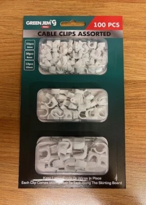 GREEN JEM CABLE CLIPS ASSORTED PACK OF 100pcs- 55pcs/6mm 30pcs/8mm 15pcs/10mm. EASY TO USE
