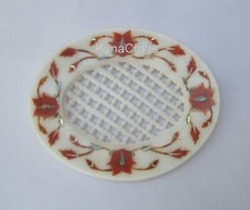 5x4 Inches Shiny Gemstone Inlay Work Soap Dish Oval White Marble Scurby Holder