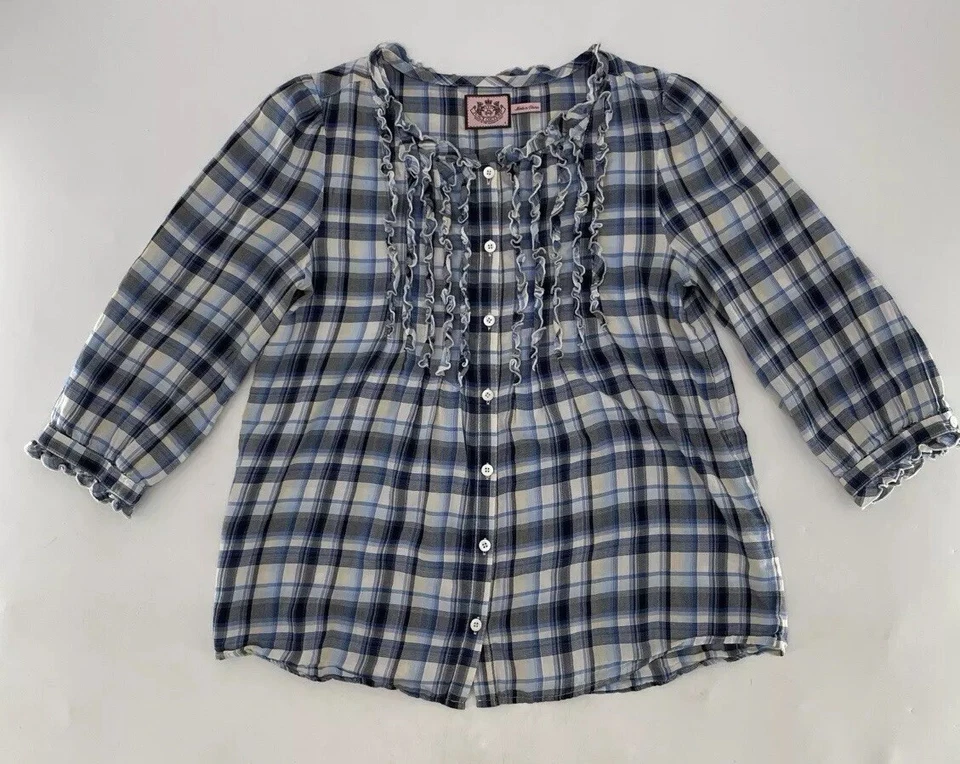 Blusa para mujer Juicy Couture azul estampado a cuadros manga 3/4 volantes con botones talla 4 Foto 3 de 4