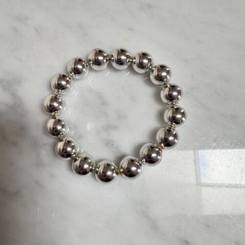 Vintage Silver-Tone Color Polished Round Beaded Elastic Bracelet 12mm Bead - Picture 1 of 5