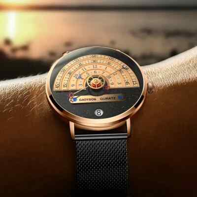 Rose Golden Stainless Steel Mesh Quartz Watch Wristwatch Men Premium Waterproof