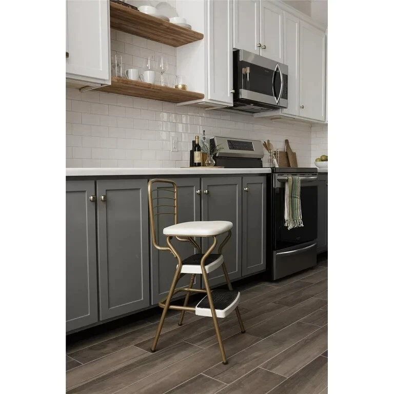 Banqueta de degrau retrô cadeira de aço assento flip-up dourado creme cozinha despensa balcão presente - Imagem 4 de 4