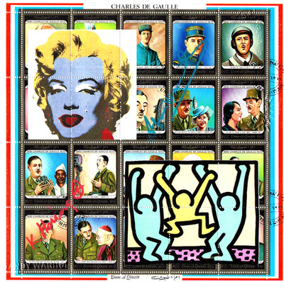 Andy Warhol & Keith Haring   Serigraphie - signiert auf BRIEFMARKEN BOGEN