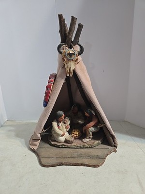 Artisan Handmade Native American Indian Family Teepee Wigwam Folk Art Sculpture