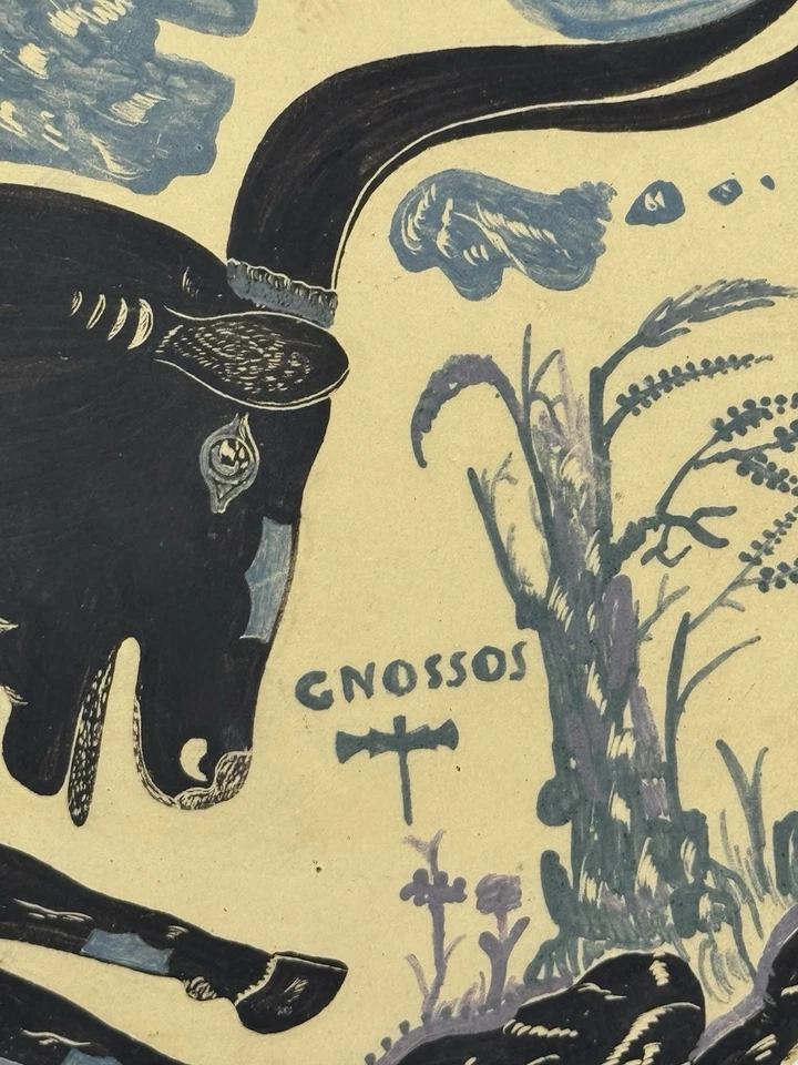 Placa de cerámica de arte original de mediados de siglo azul surrealista 10”, firmada y fechada 1953 Foto 3 de 4