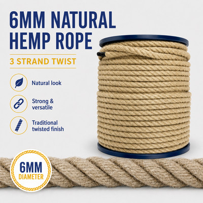 6 mm Naturhanfseil auf einer Rolle, gedreht 3 Strang 100 % traditionelles Makramee zum Selbermachen