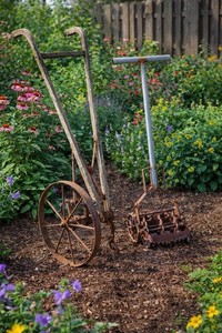 Antique Garden Wheel Hoe Cultivator & Rolling Weeder Primitive Farm Tools Decor