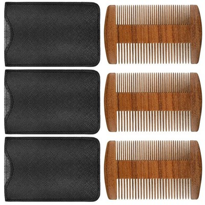 3PCS Wooden Beard Mustache Combs Natural Sandalwood w/ Pocket Case Brown