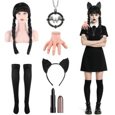 Wednesday Addams 6 Pcs Halloween Black Braided Wig Cosplay Accessories Include