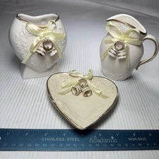 VTG Gold & Cream Wedding Bells Ceramic 3pcs Set, Cream, Sugar, & Tray