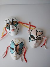 Lot of 3 Venetian Masquerade Masks Ceramic Clown Hand Painted Glitter 4"