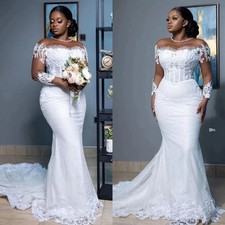 White Mermaid Wedding Dresses Elegant Long Sleeve Lace Train Country Bridal Gown