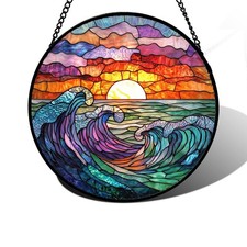 Stained Glass Window Hanging, Clouds and Sea Waves Suncatcher Diamond Glass P...