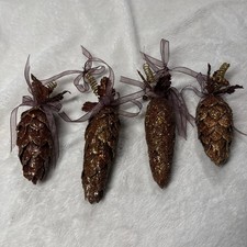 Bronze and Glitter Pinecone Ornaments Each W/ Bows Berries Leaves Set Of 4 VTG