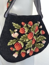 Stunning 1950s Wool Needlepoint Purse Strawberries Double Sided Lined EUC